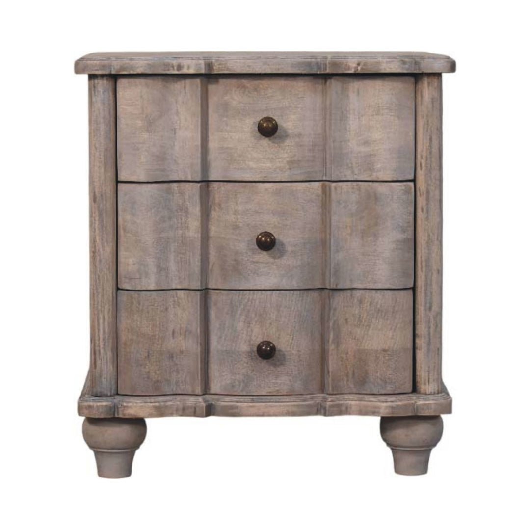 Brown Grey Lacquered Solid Mango Wood Beaumont Curved Bedside with Amber Linen Upholstery