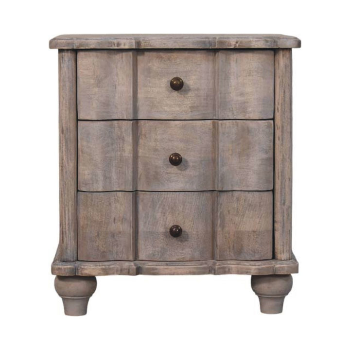 Brown Grey Lacquered Solid Mango Wood Beaumont Curved Bedside with Amber Linen Upholstery
