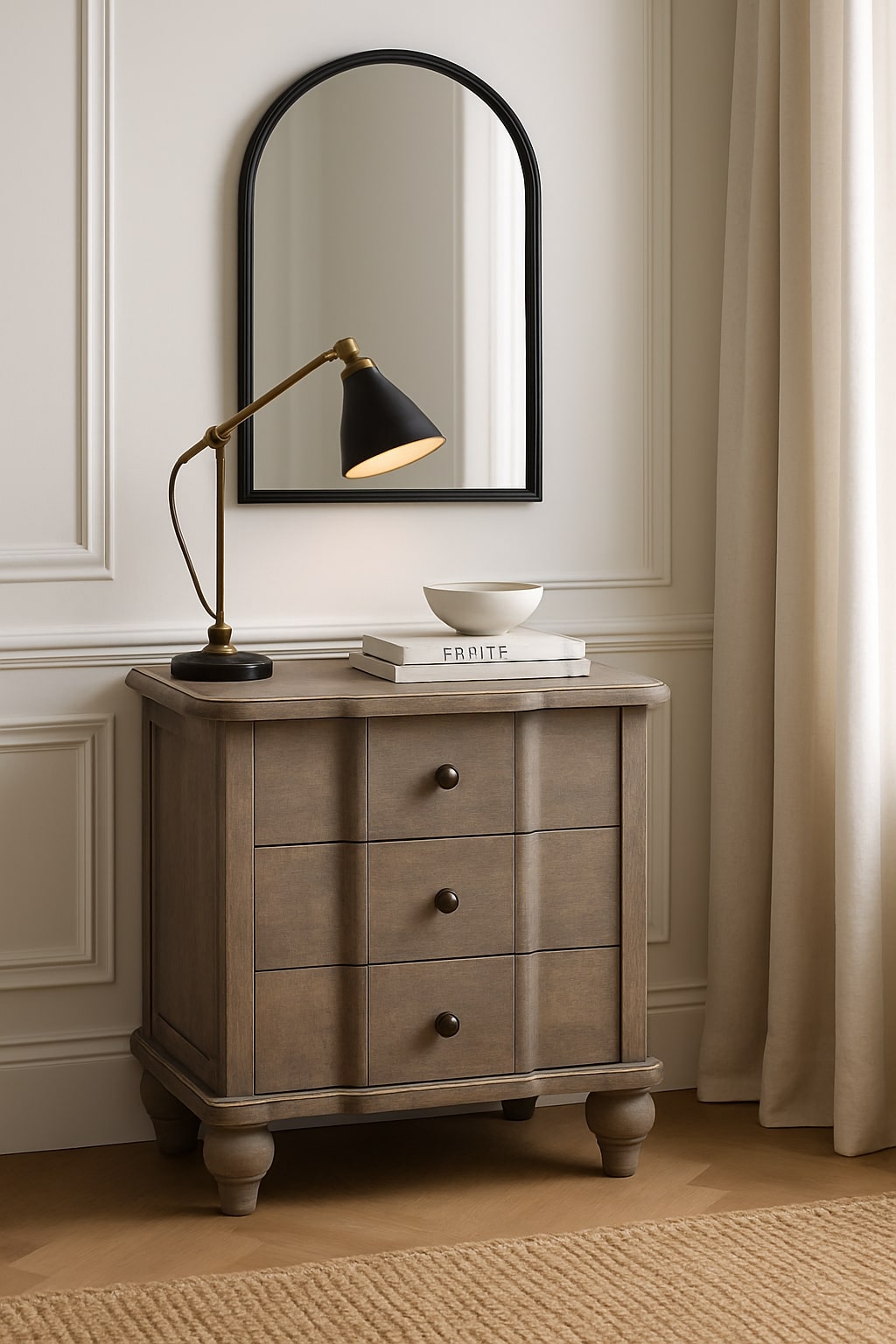 Brown Grey Lacquered Solid Mango Wood Beaumont Curved Bedside with Amber Linen Upholstery