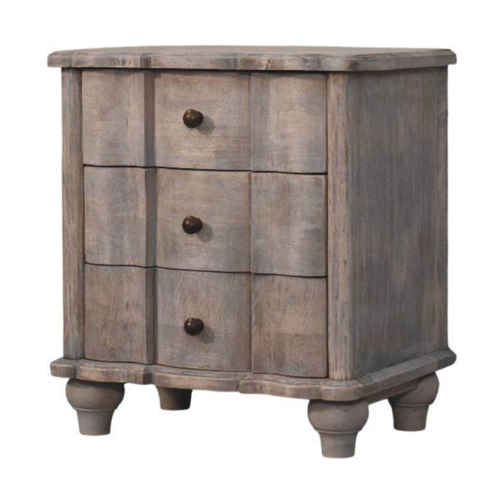 Brown Grey Lacquered Solid Mango Wood Beaumont Curved Bedside with Amber Linen Upholstery