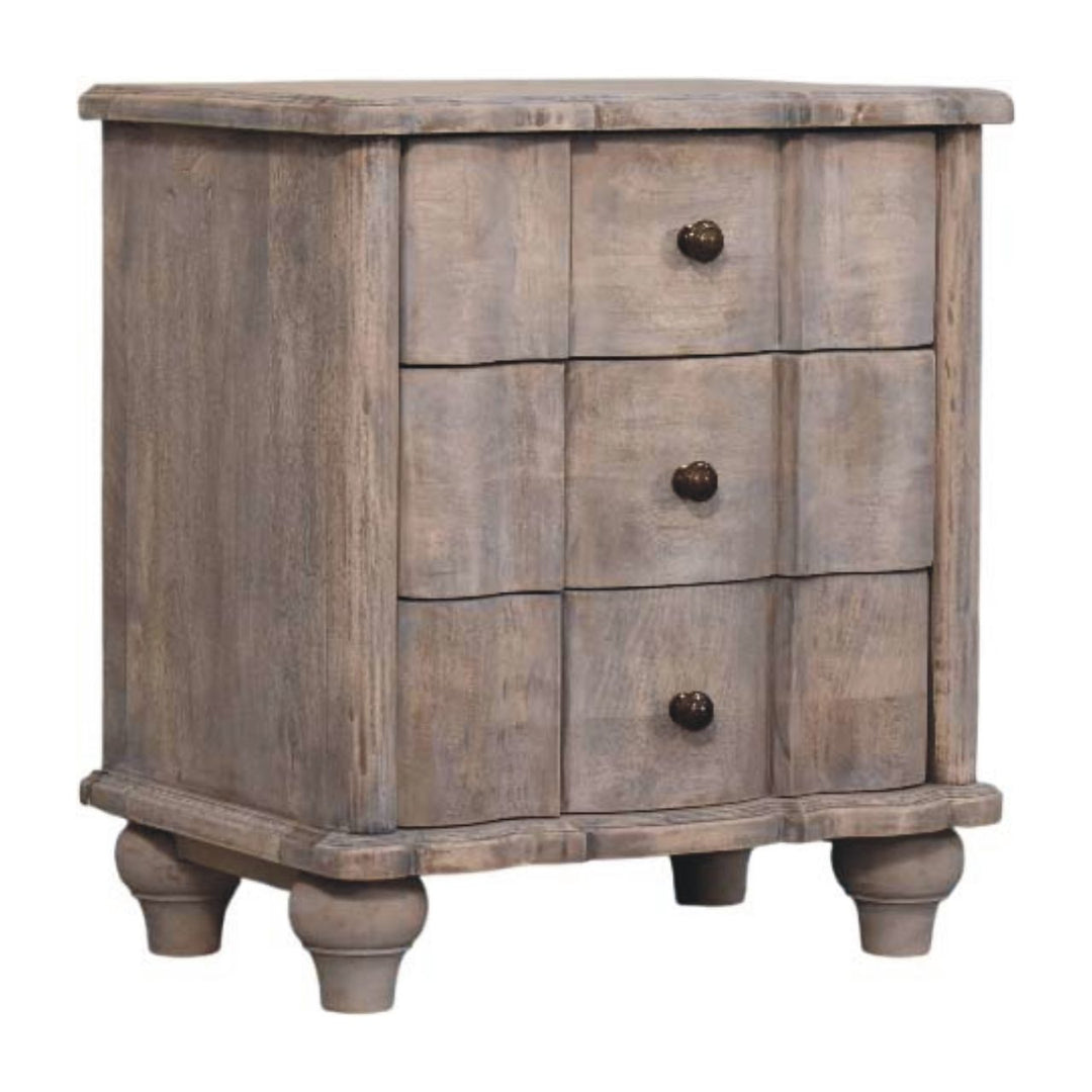 Brown Grey Lacquered Solid Mango Wood Beaumont Curved Bedside with Amber Linen Upholstery