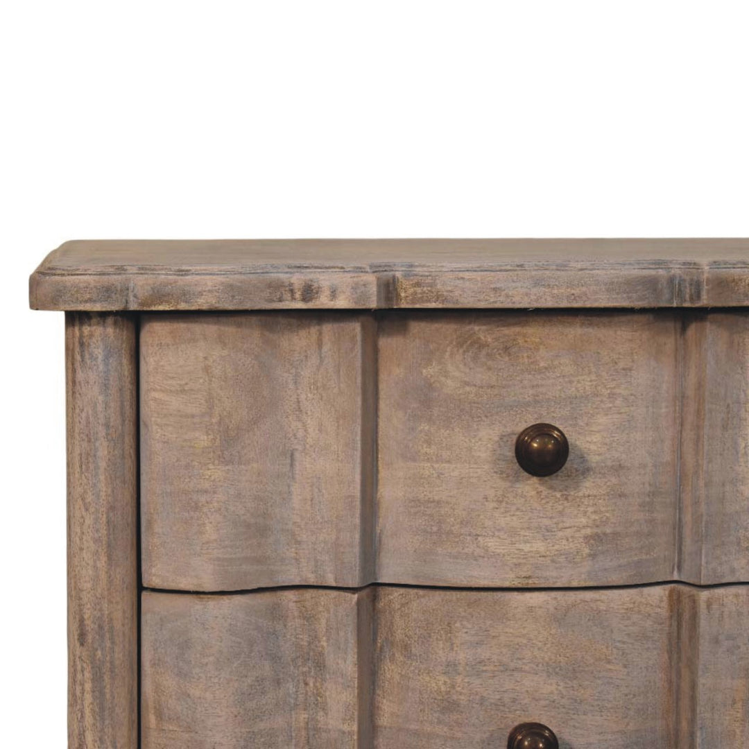 Brown Grey Lacquered Solid Mango Wood Beaumont Curved Bedside with Amber Linen Upholstery