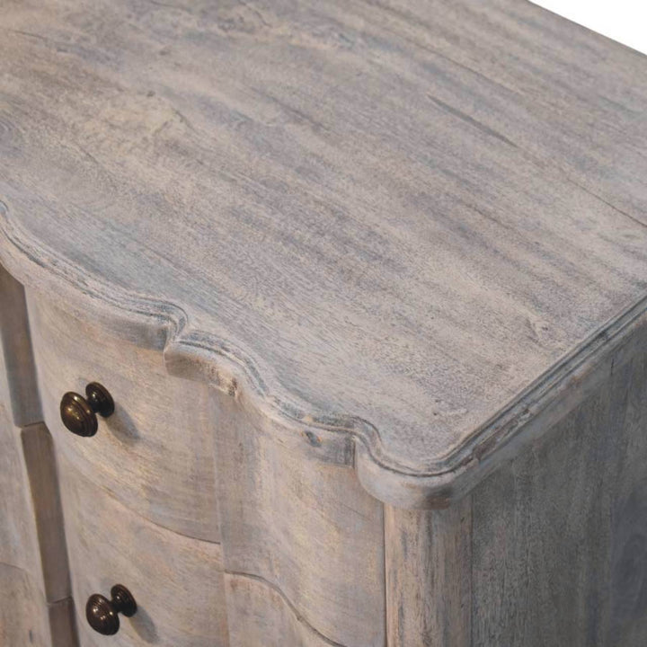 Brown Grey Lacquered Solid Mango Wood Beaumont Curved Bedside with Amber Linen Upholstery