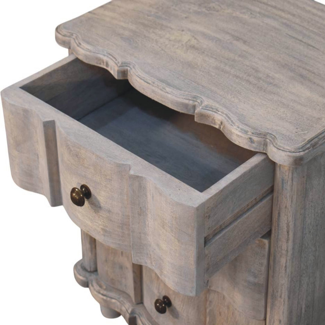 Brown Grey Lacquered Solid Mango Wood Beaumont Curved Bedside with Amber Linen Upholstery
