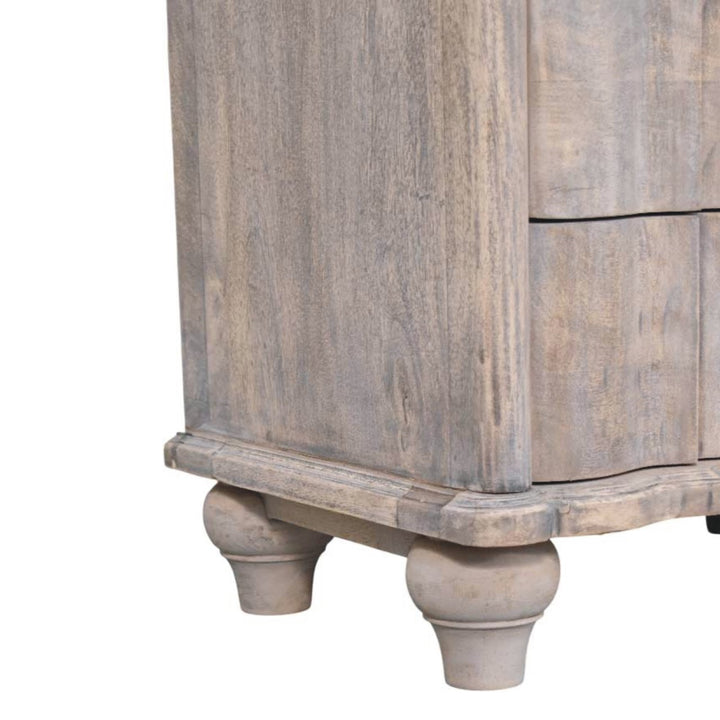 Brown Grey Lacquered Solid Mango Wood Beaumont Curved Bedside with Amber Linen Upholstery