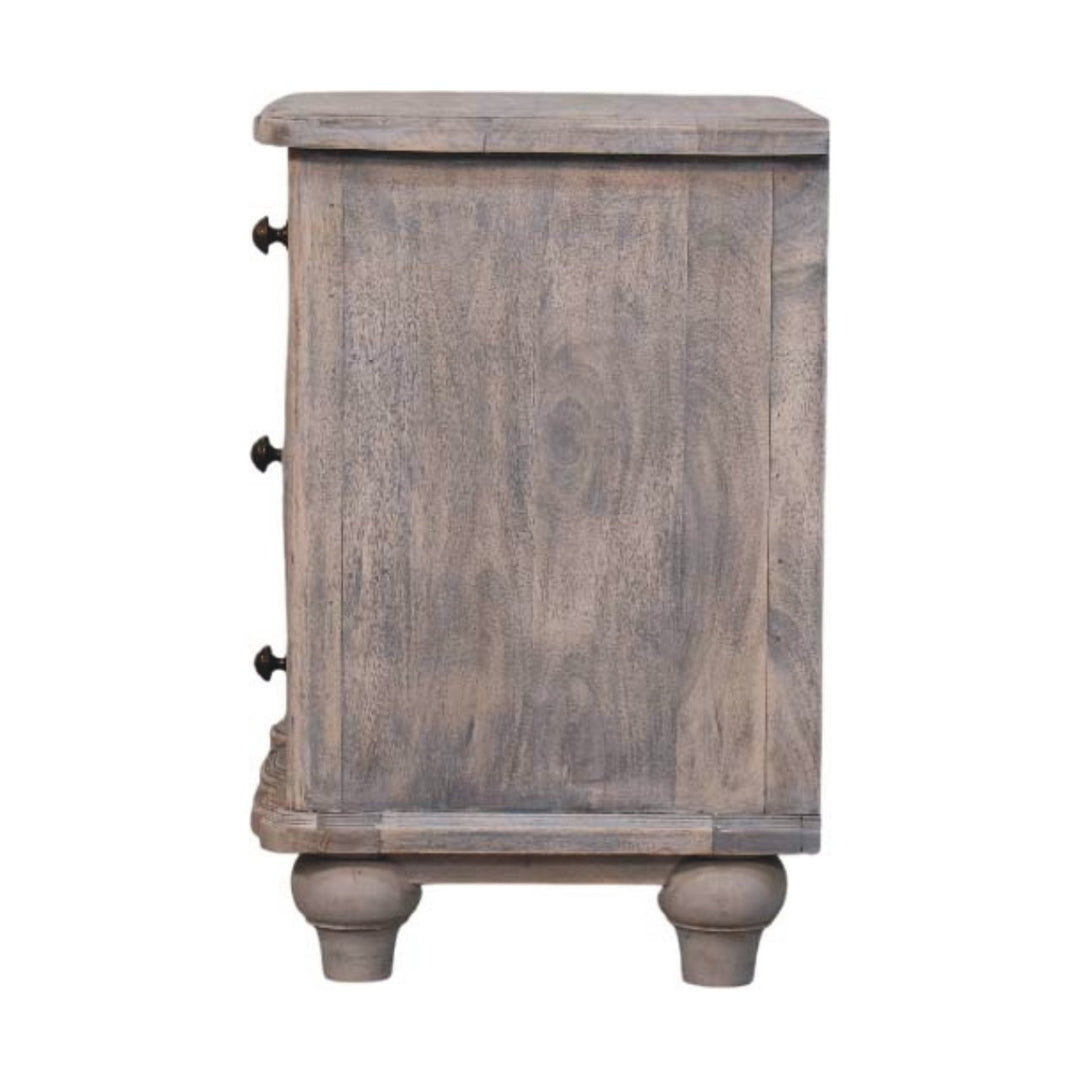 Brown Grey Lacquered Solid Mango Wood Beaumont Curved Bedside with Amber Linen Upholstery