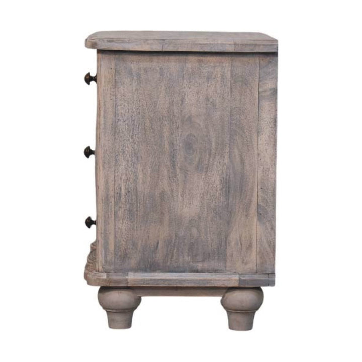 Brown Grey Lacquered Solid Mango Wood Beaumont Curved Bedside with Amber Linen Upholstery