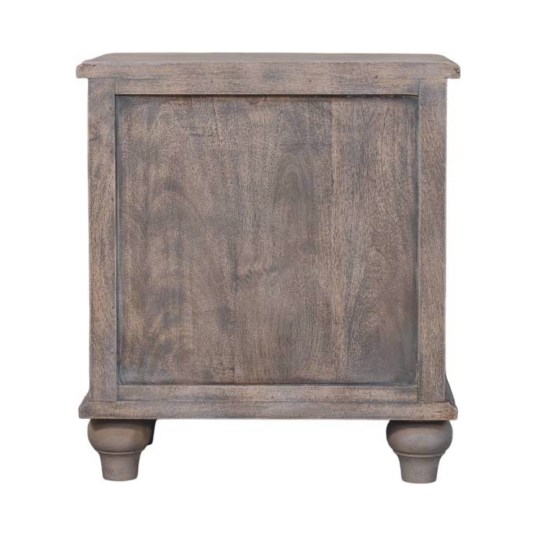 Brown Grey Lacquered Solid Mango Wood Beaumont Curved Bedside with Amber Linen Upholstery