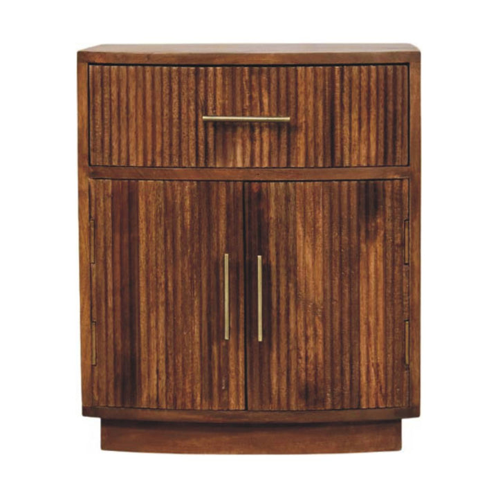 Brown Lacquered Roasted Almond Solid Mango Wood Fluted Curved Bedside with 1 Drawer & 2 Shelves