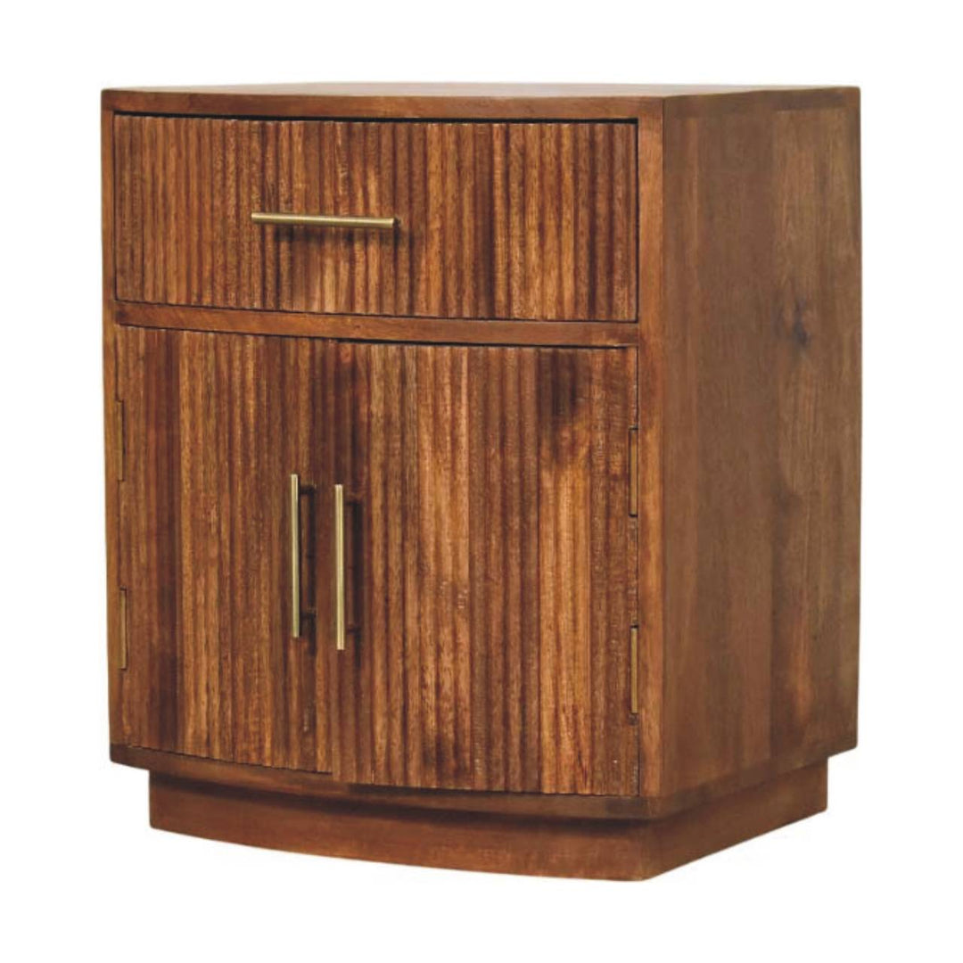 Brown Lacquered Roasted Almond Solid Mango Wood Fluted Curved Bedside with 1 Drawer & 2 Shelves