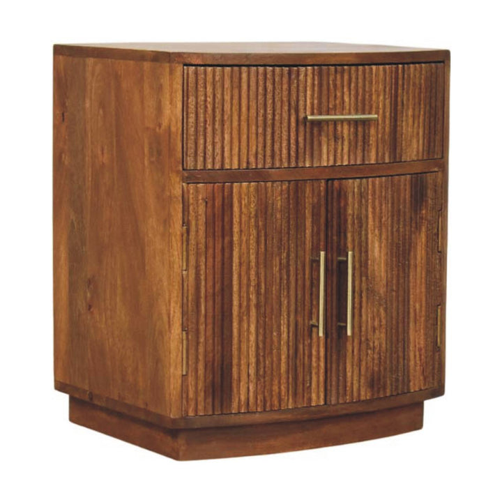 Brown Lacquered Roasted Almond Solid Mango Wood Fluted Curved Bedside with 1 Drawer & 2 Shelves