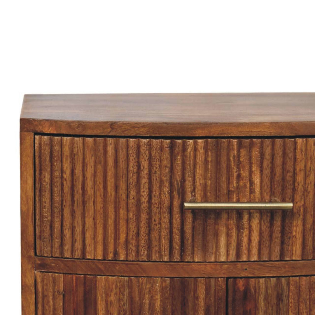 Brown Lacquered Roasted Almond Solid Mango Wood Fluted Curved Bedside with 1 Drawer & 2 Shelves