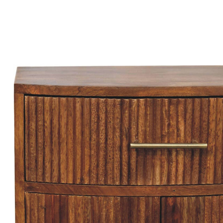 Brown Lacquered Roasted Almond Solid Mango Wood Fluted Curved Bedside with 1 Drawer & 2 Shelves