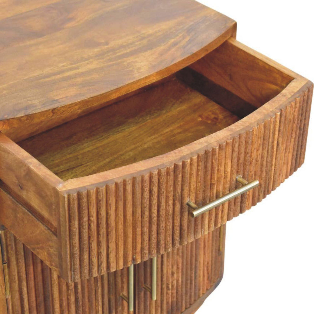 Brown Lacquered Roasted Almond Solid Mango Wood Fluted Curved Bedside with 1 Drawer & 2 Shelves