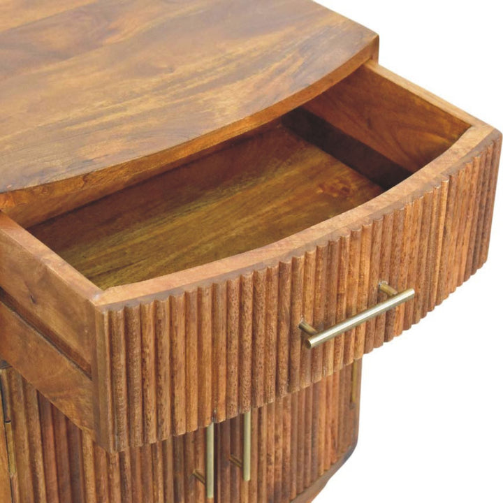 Brown Lacquered Roasted Almond Solid Mango Wood Fluted Curved Bedside with 1 Drawer & 2 Shelves