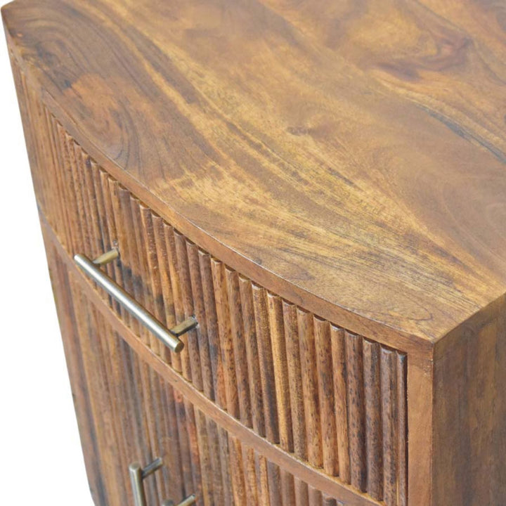Brown Lacquered Roasted Almond Solid Mango Wood Fluted Curved Bedside with 1 Drawer & 2 Shelves