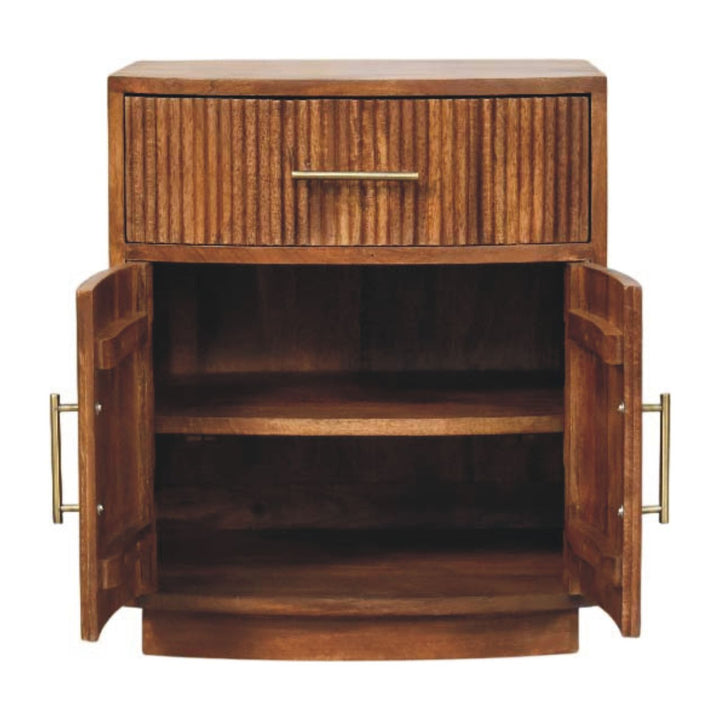 Brown Lacquered Roasted Almond Solid Mango Wood Fluted Curved Bedside with 1 Drawer & 2 Shelves