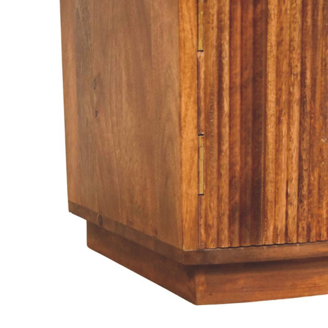Brown Lacquered Roasted Almond Solid Mango Wood Fluted Curved Bedside with 1 Drawer & 2 Shelves