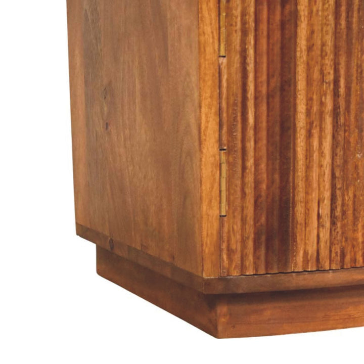 Brown Lacquered Roasted Almond Solid Mango Wood Fluted Curved Bedside with 1 Drawer & 2 Shelves