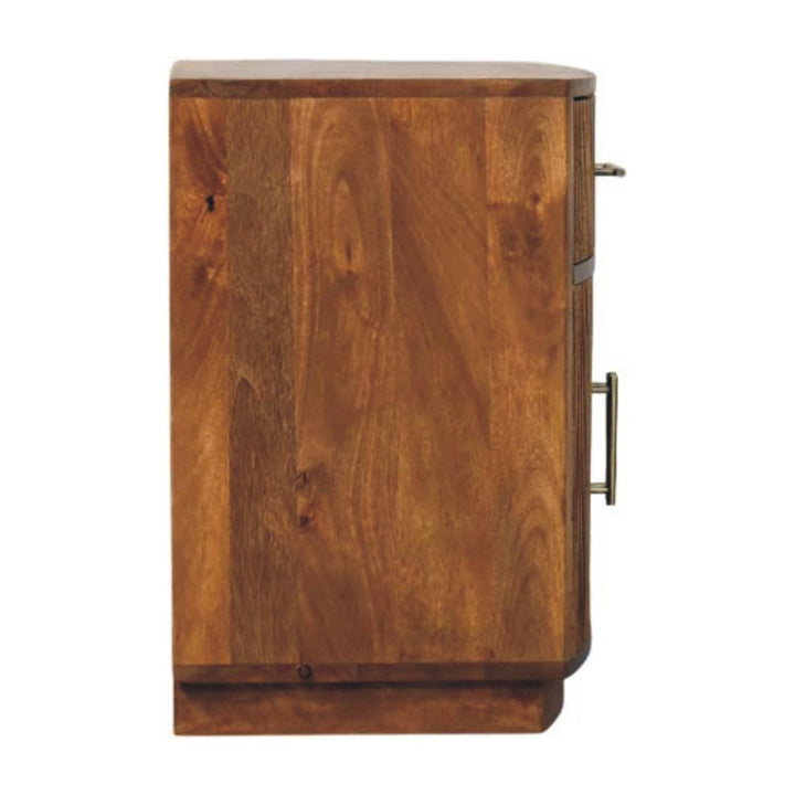 Brown Lacquered Roasted Almond Solid Mango Wood Fluted Curved Bedside with 1 Drawer & 2 Shelves