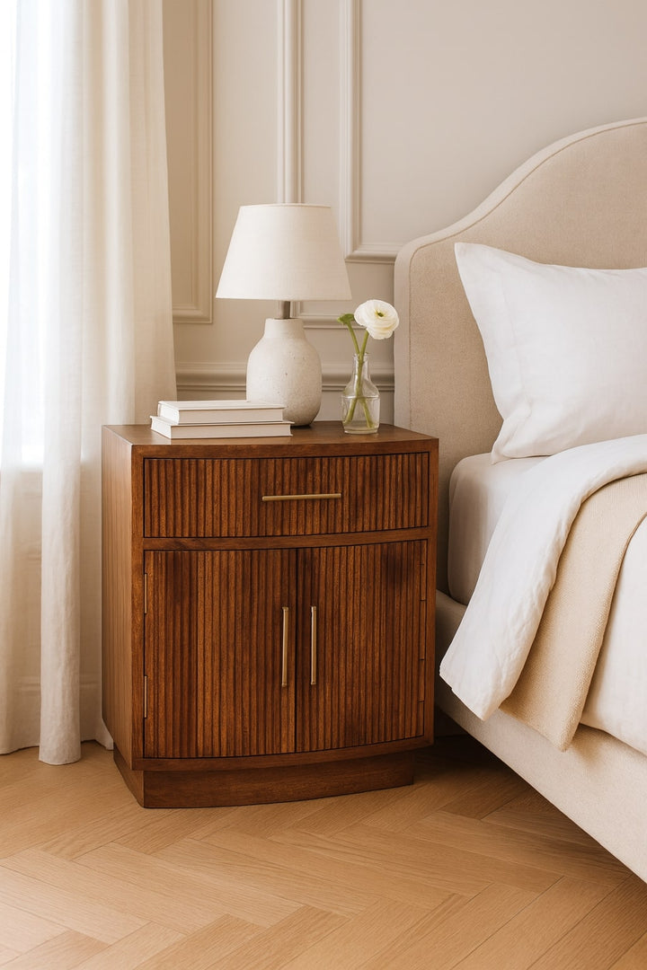 Brown Lacquered Roasted Almond Solid Mango Wood Fluted Curved Bedside with 1 Drawer & 2 Shelves