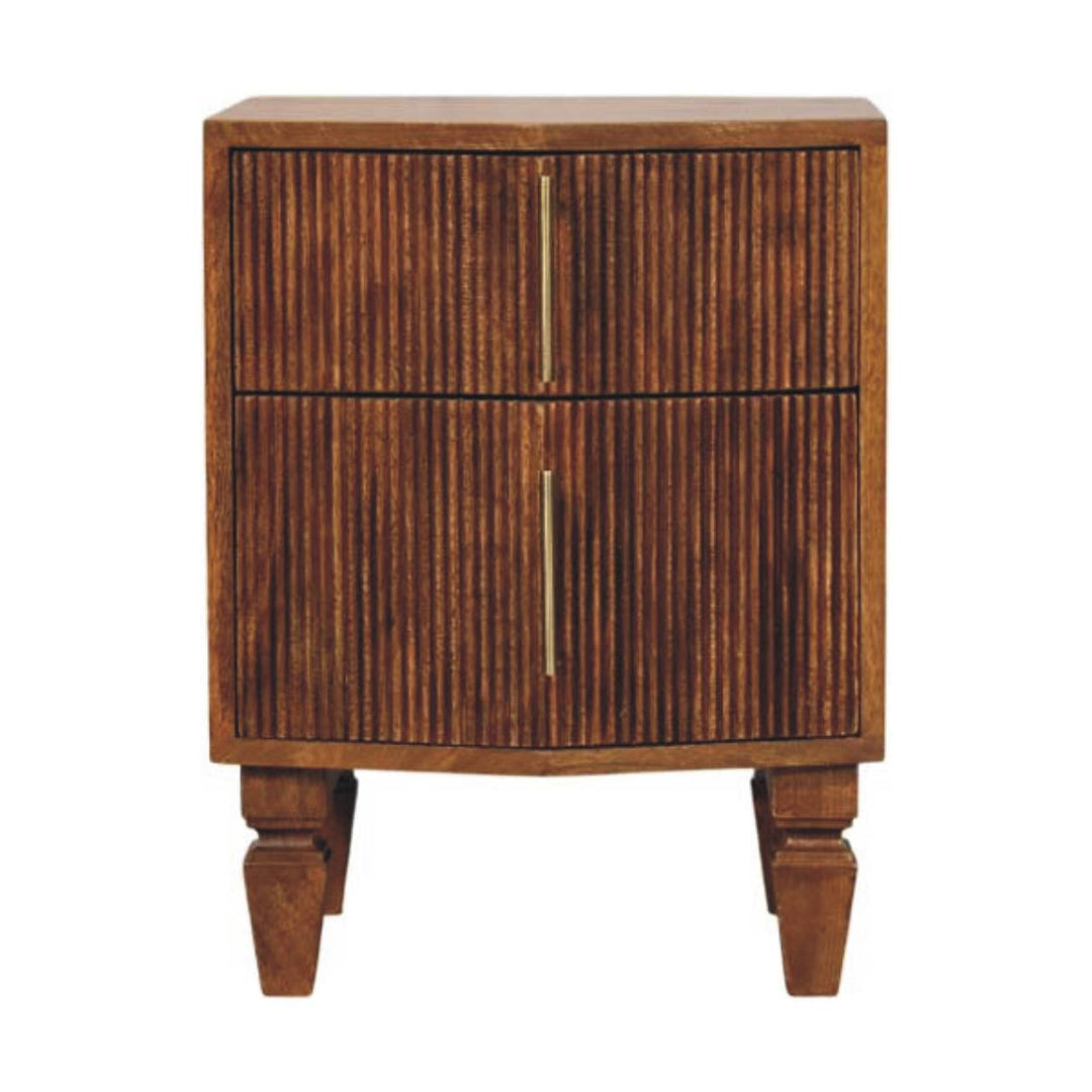 Brown Lacquered Winewood Oak Solid Mango Wood Louvre 2-Drawer Bedside with Fluted Fronts & Brass Handles