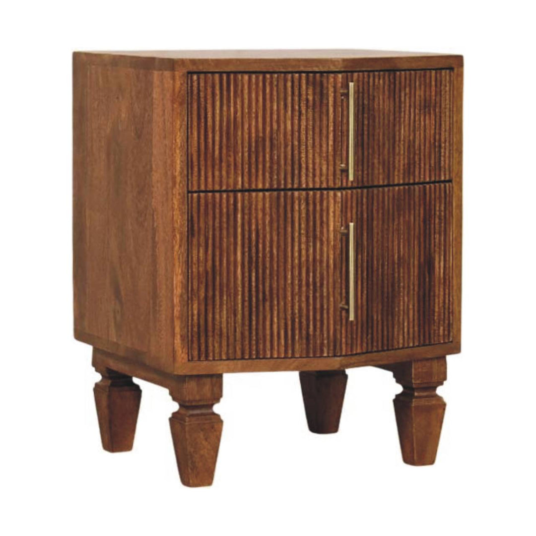 Brown Lacquered Winewood Oak Solid Mango Wood Louvre 2-Drawer Bedside with Fluted Fronts & Brass Handles
