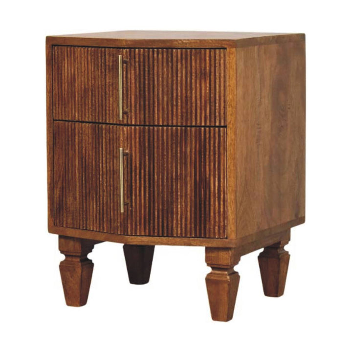Brown Lacquered Winewood Oak Solid Mango Wood Louvre 2-Drawer Bedside with Fluted Fronts & Brass Handles