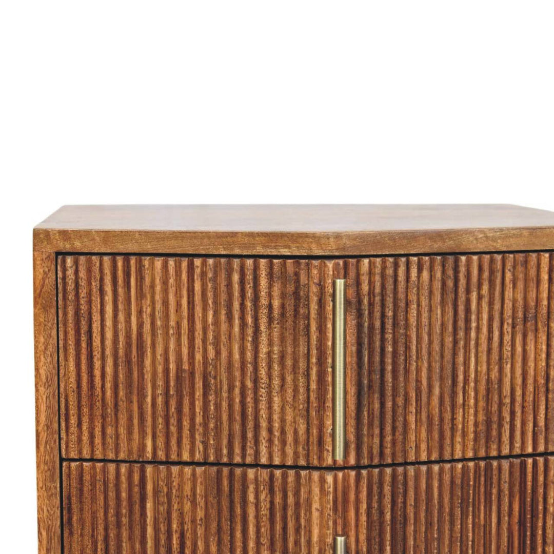 Brown Lacquered Winewood Oak Solid Mango Wood Louvre 2-Drawer Bedside with Fluted Fronts & Brass Handles