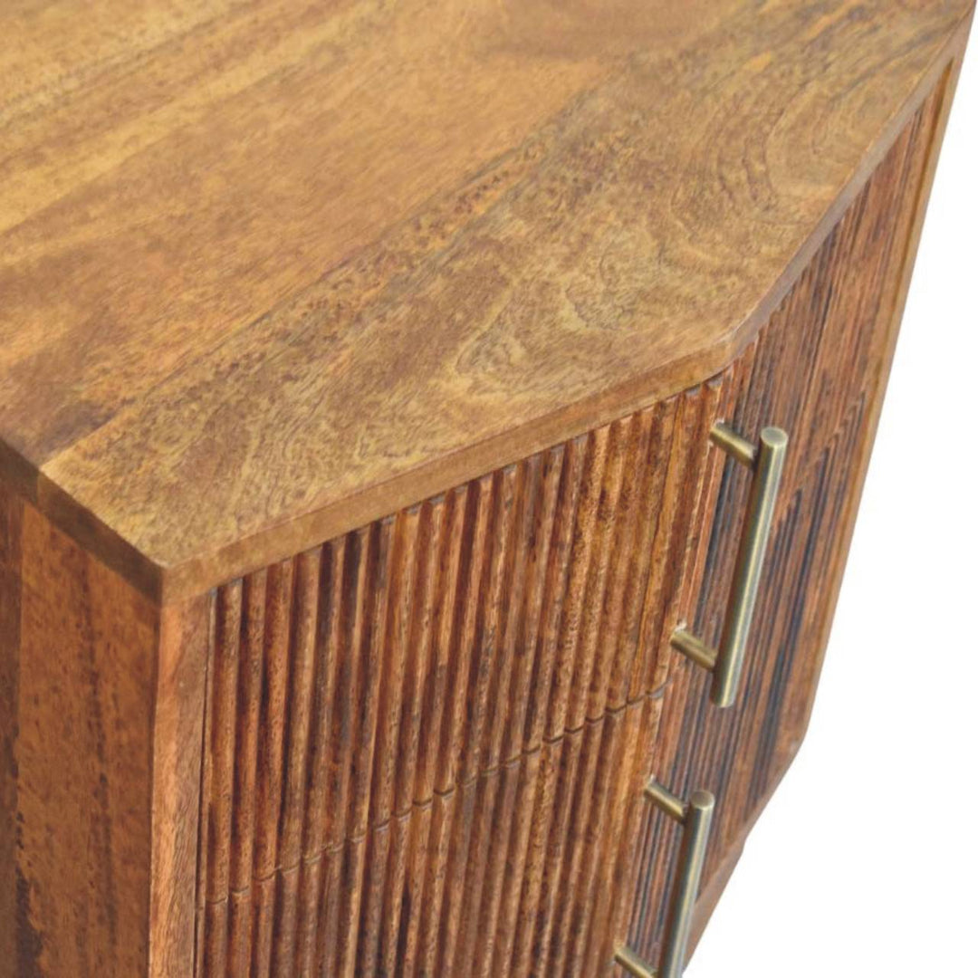 Brown Lacquered Winewood Oak Solid Mango Wood Louvre 2-Drawer Bedside with Fluted Fronts & Brass Handles