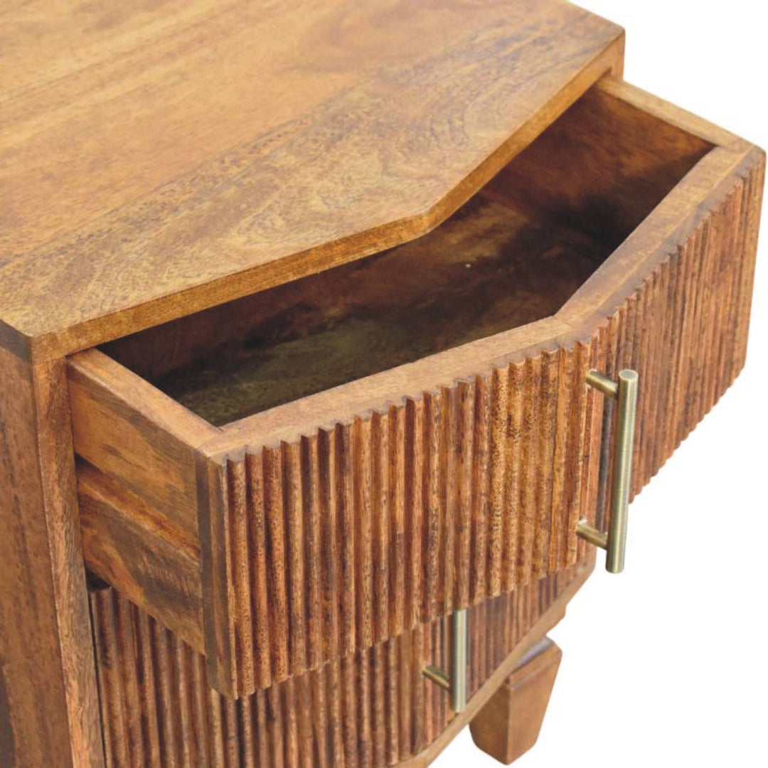 Brown Lacquered Winewood Oak Solid Mango Wood Louvre 2-Drawer Bedside with Fluted Fronts & Brass Handles