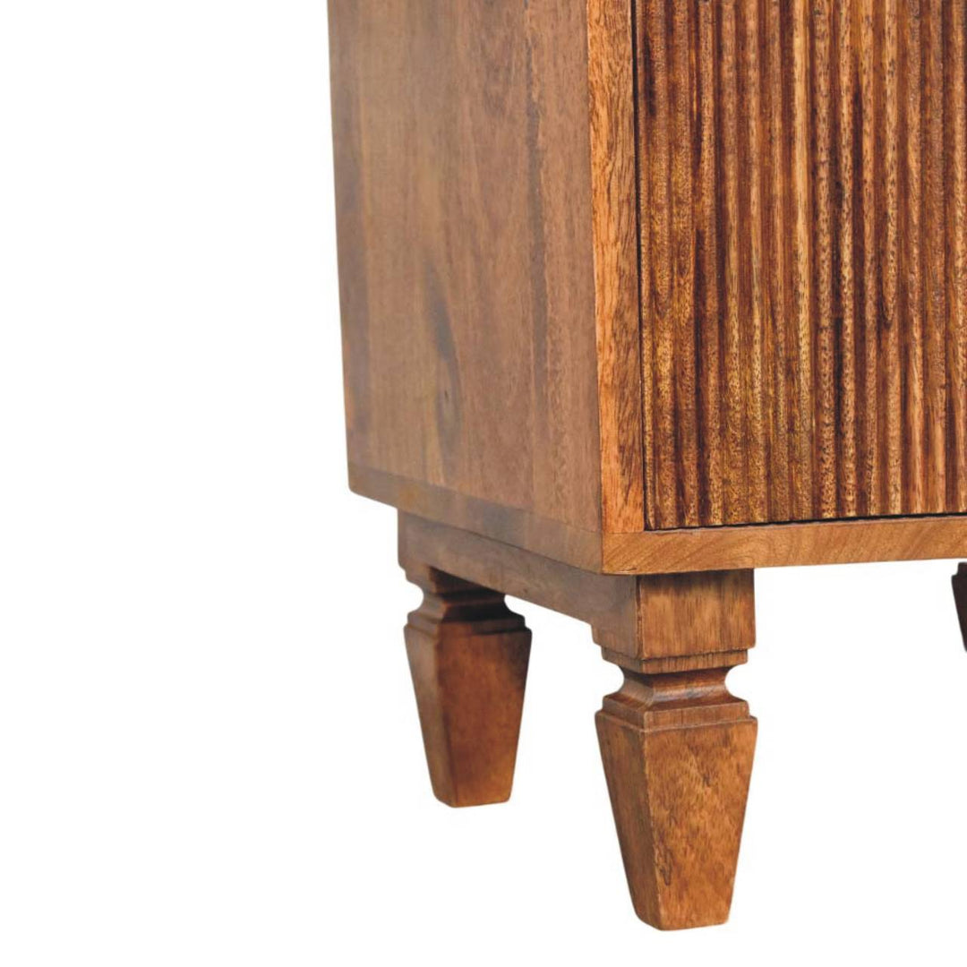 Brown Lacquered Winewood Oak Solid Mango Wood Louvre 2-Drawer Bedside with Fluted Fronts & Brass Handles