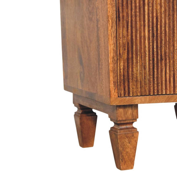 Brown Lacquered Winewood Oak Solid Mango Wood Louvre 2-Drawer Bedside with Fluted Fronts & Brass Handles