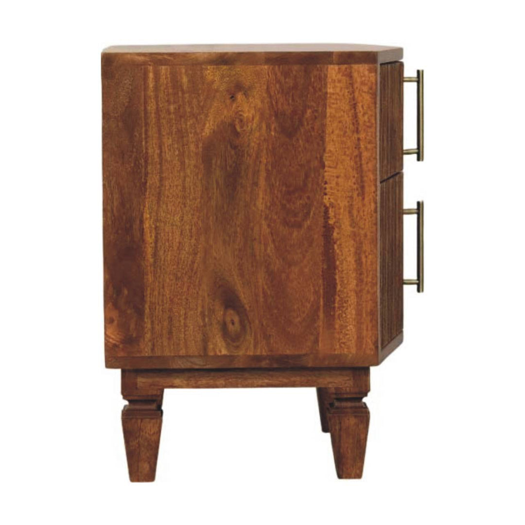 Brown Lacquered Winewood Oak Solid Mango Wood Louvre 2-Drawer Bedside with Fluted Fronts & Brass Handles