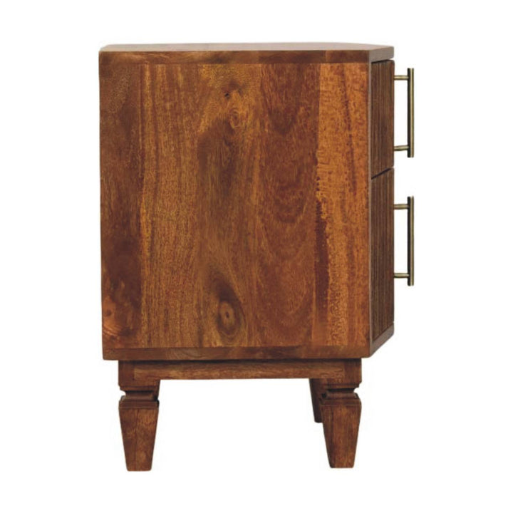 Brown Lacquered Winewood Oak Solid Mango Wood Louvre 2-Drawer Bedside with Fluted Fronts & Brass Handles