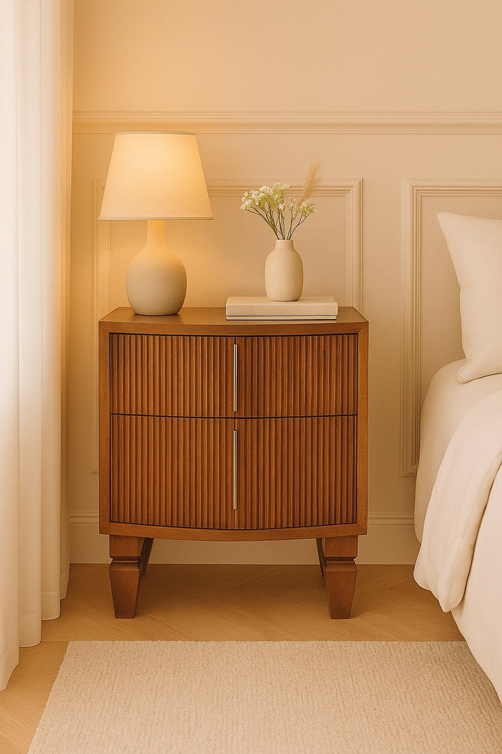 Brown Lacquered Winewood Oak Solid Mango Wood Louvre 2-Drawer Bedside with Fluted Fronts & Brass Handles