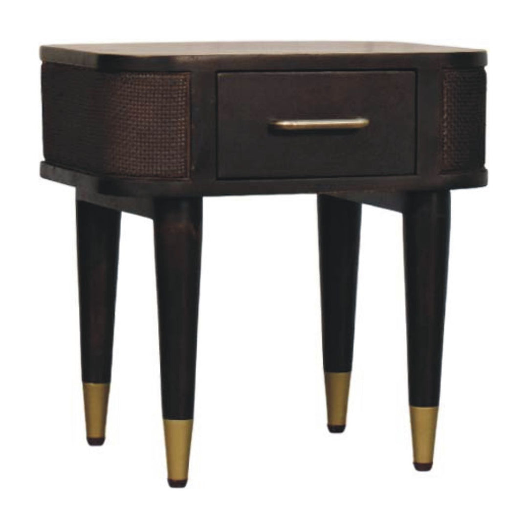 Chocolate Brown Velvet Solid Mango Wood Belmont Bedside with Woven Drawer Fronts & Open Shelf