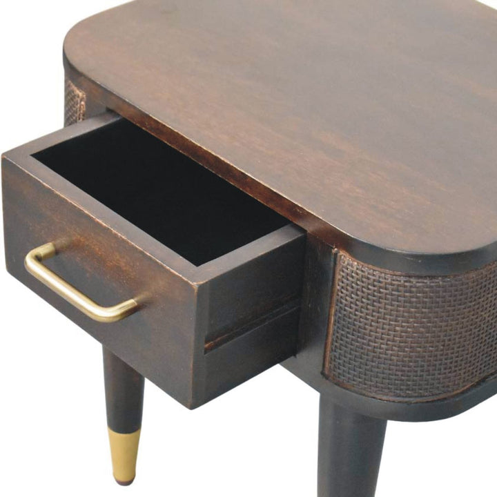 Chocolate Brown Velvet Solid Mango Wood Belmont Bedside with Woven Drawer Fronts & Open Shelf