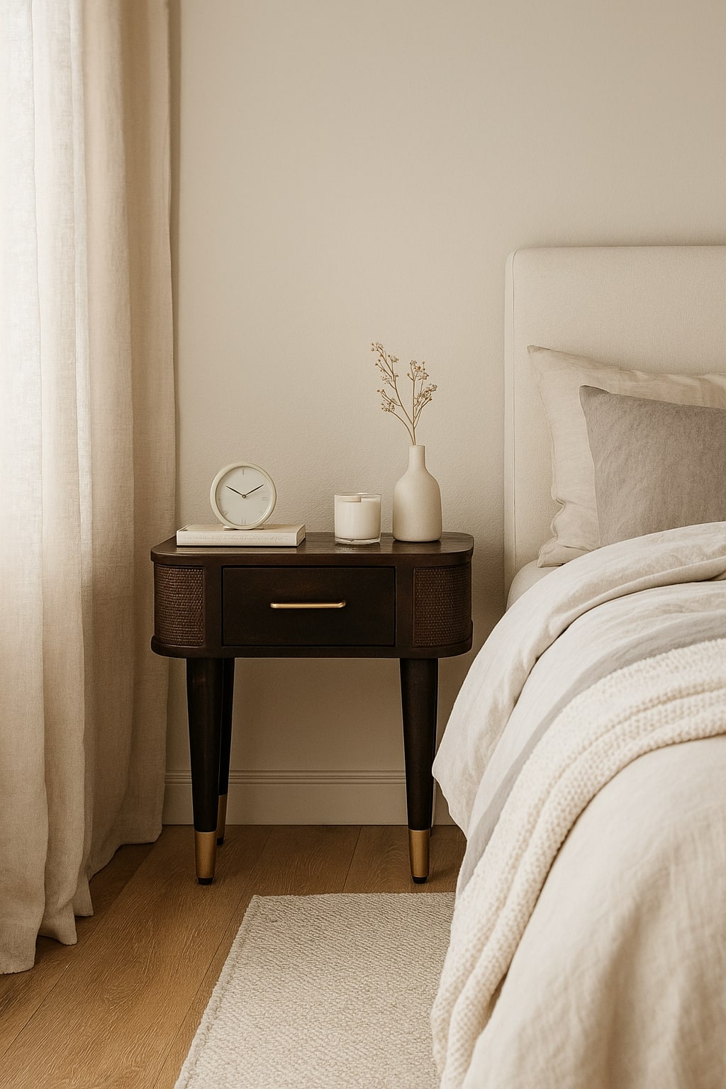 Chocolate Brown Velvet Solid Mango Wood Belmont Bedside with Woven Drawer Fronts & Open Shelf