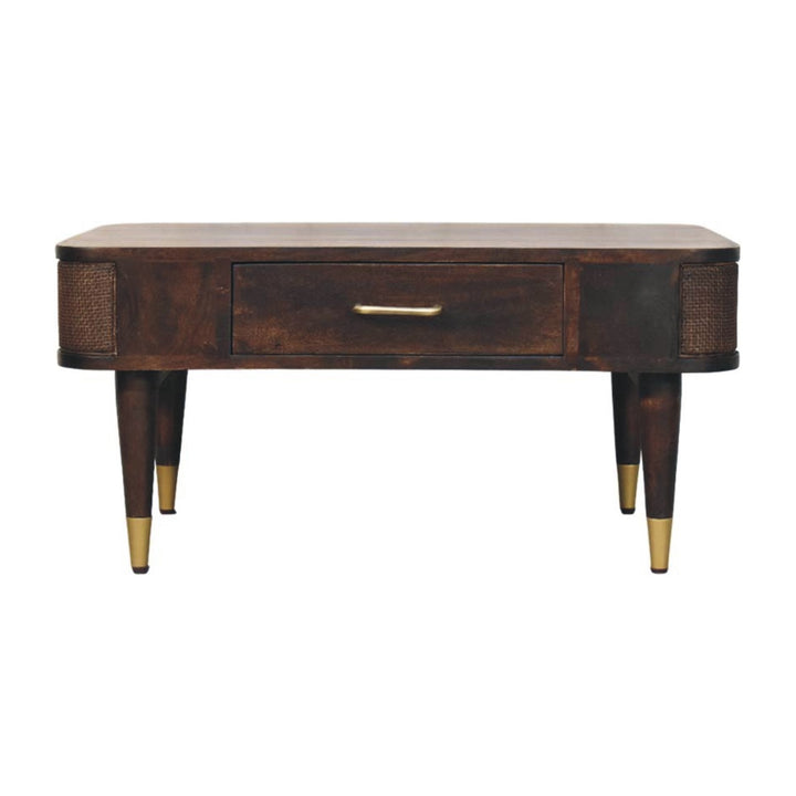 Brown Velvet Solid Mango Wood Belmont Coffee Table with Rattan Panels & Brass Handle