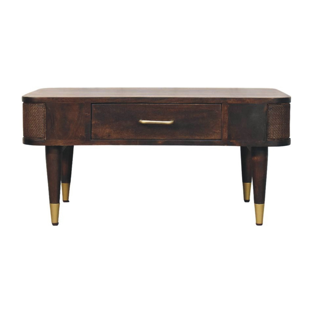 Brown Velvet Solid Mango Wood Belmont Coffee Table with Rattan Panels & Brass Handle