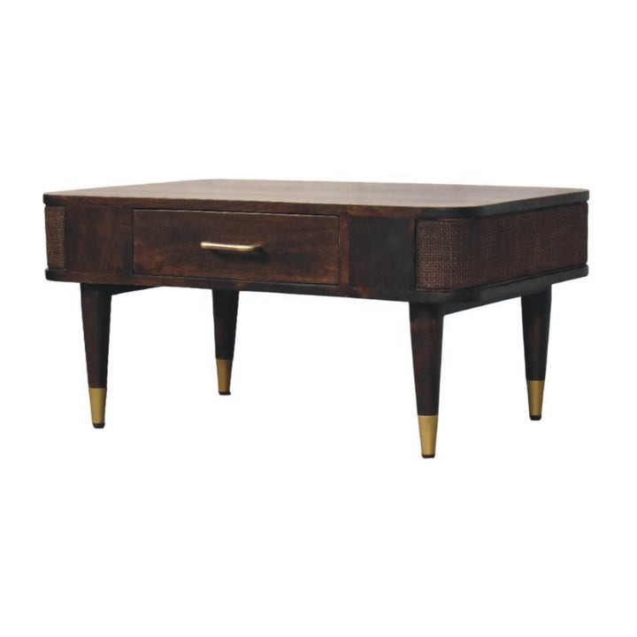Brown Velvet Solid Mango Wood Belmont Coffee Table with Rattan Panels & Brass Handle