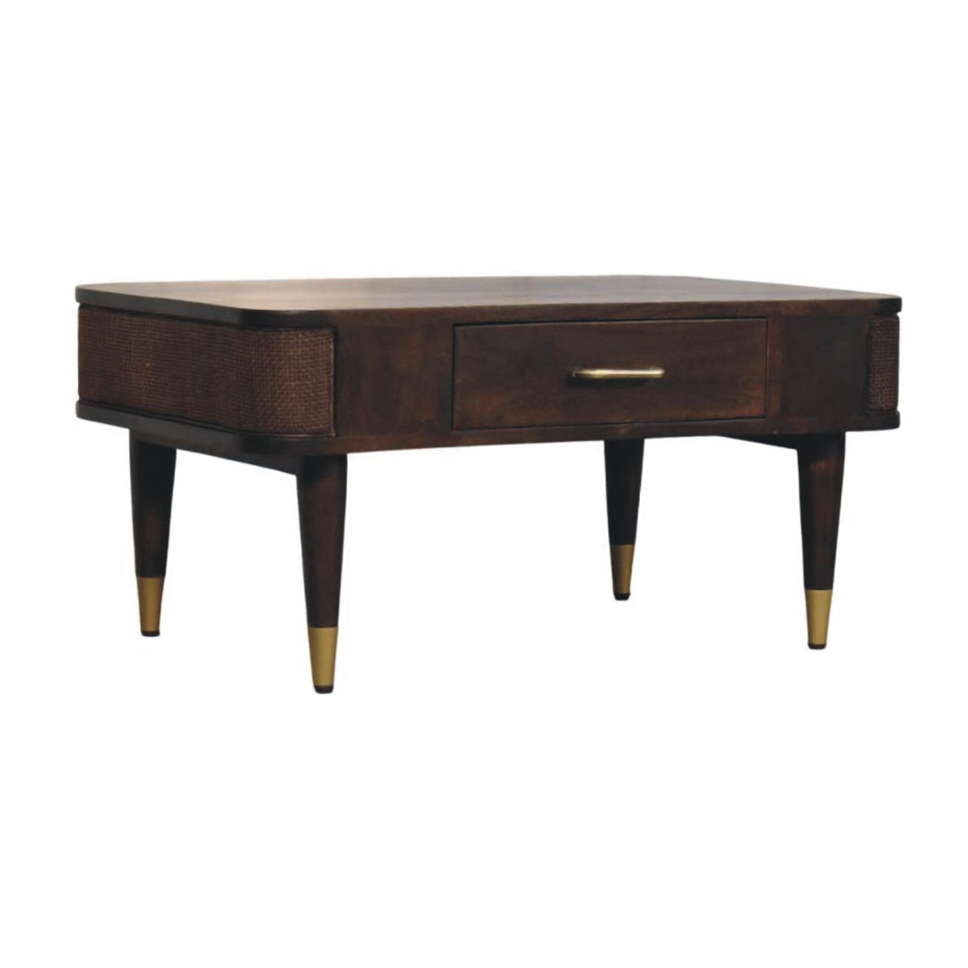 Brown Velvet Solid Mango Wood Belmont Coffee Table with Rattan Panels & Brass Handle