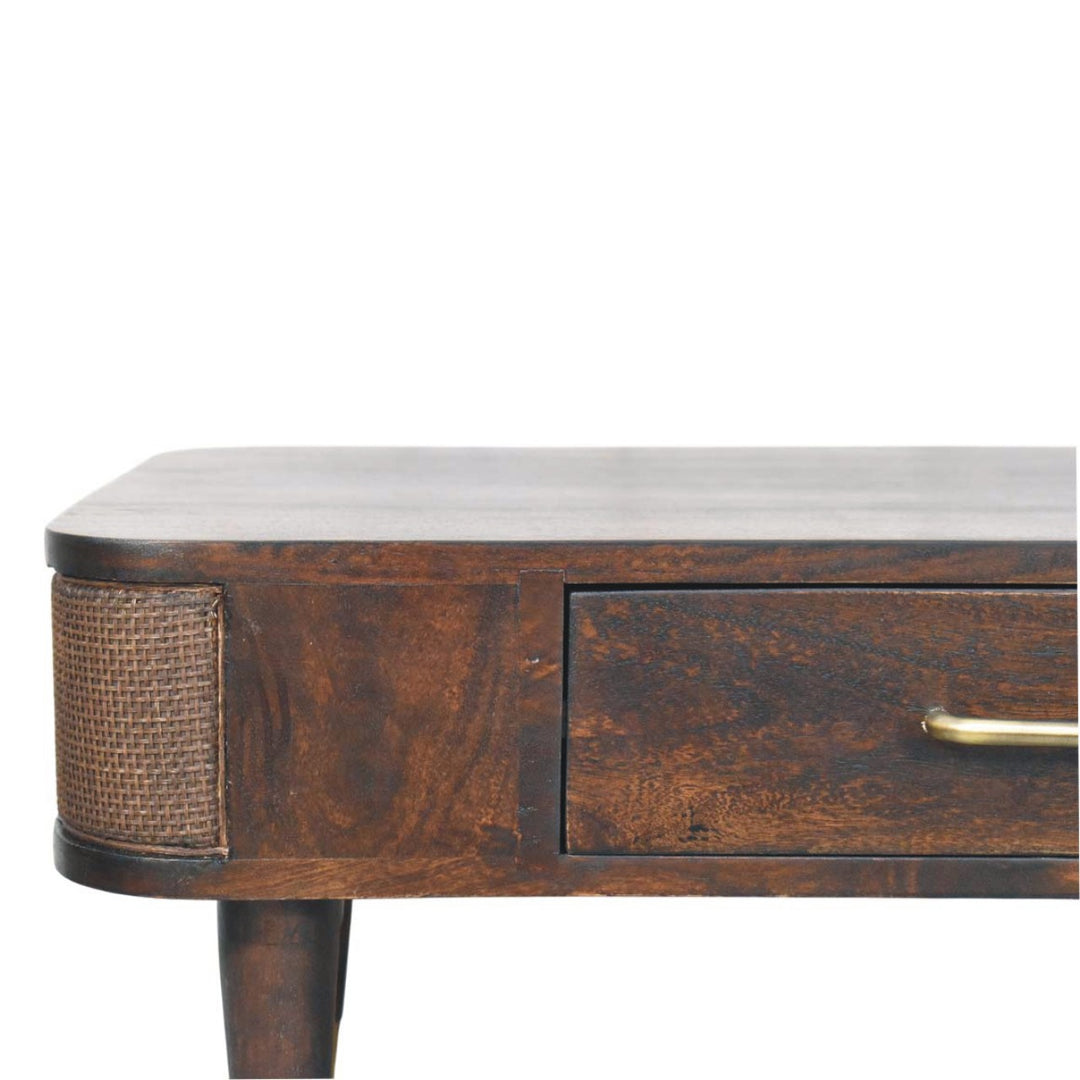 Brown Velvet Solid Mango Wood Belmont Coffee Table with Rattan Panels & Brass Handle