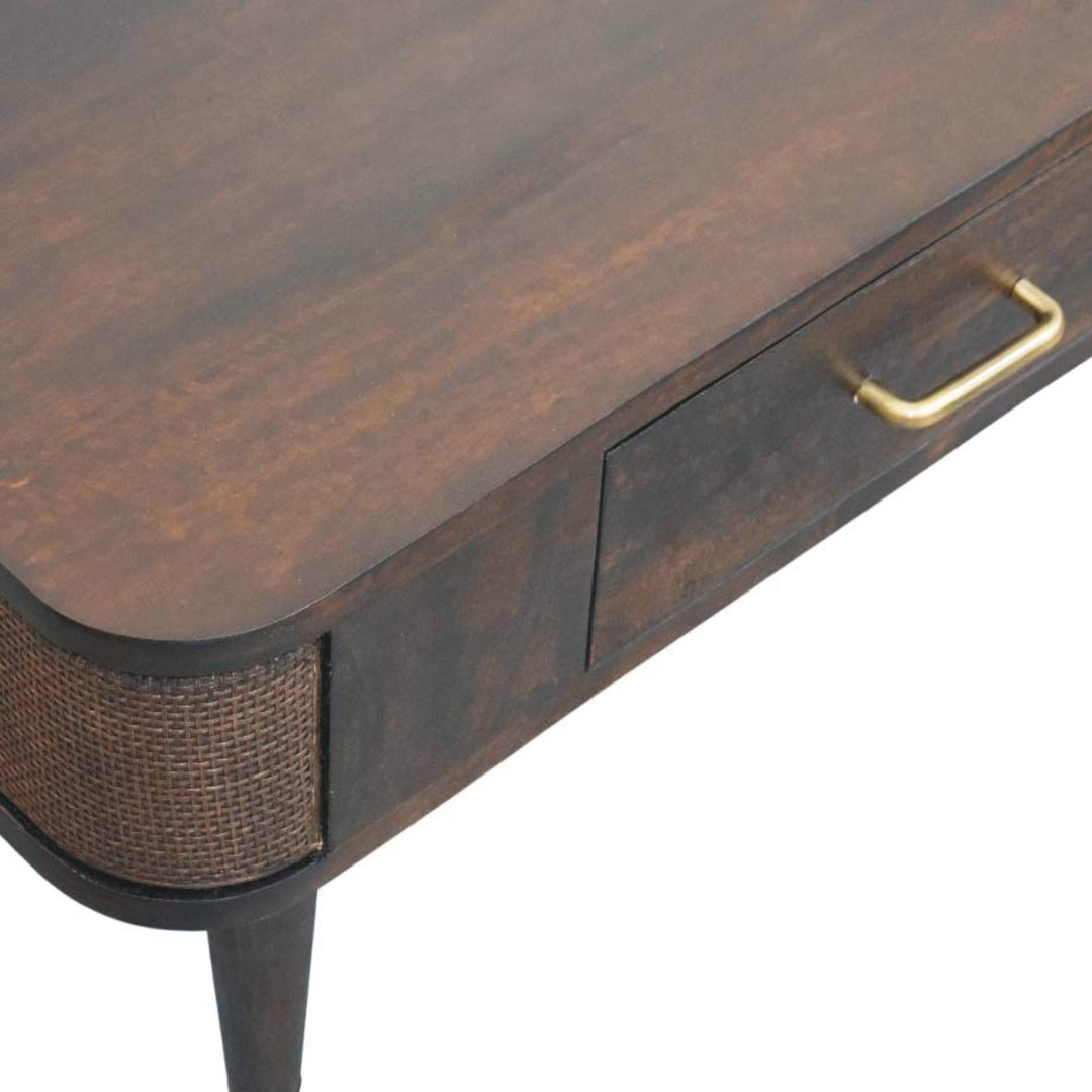 Brown Velvet Solid Mango Wood Belmont Coffee Table with Rattan Panels & Brass Handle