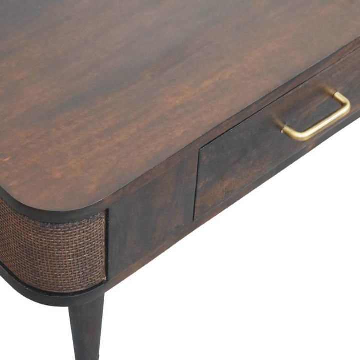 Brown Velvet Solid Mango Wood Belmont Coffee Table with Rattan Panels & Brass Handle