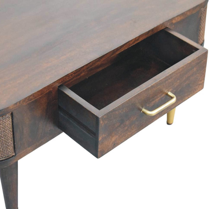 Brown Velvet Solid Mango Wood Belmont Coffee Table with Rattan Panels & Brass Handle