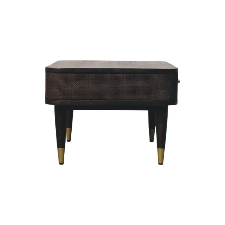 Brown Velvet Solid Mango Wood Belmont Coffee Table with Rattan Panels & Brass Handle