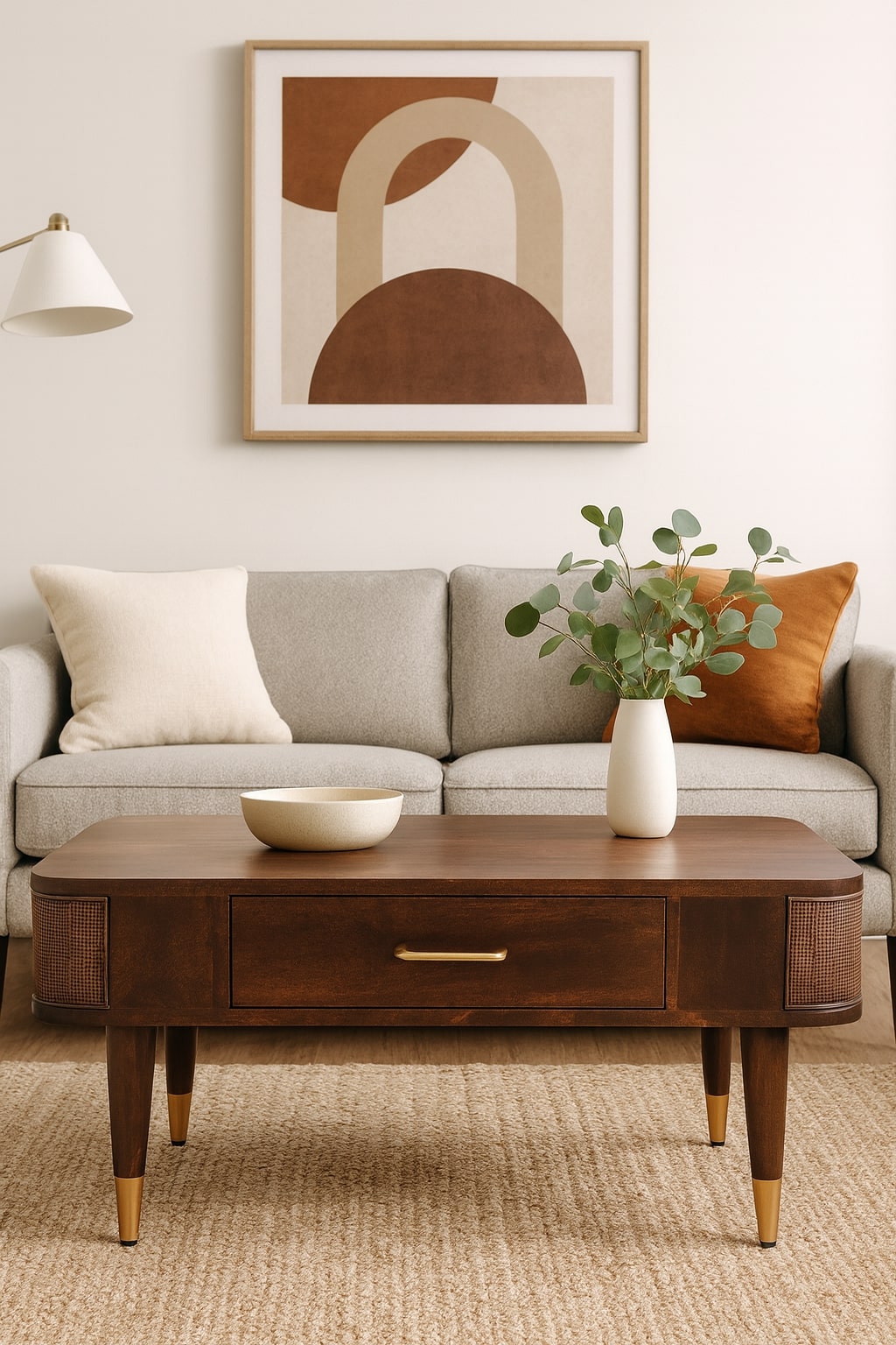 Brown Velvet Solid Mango Wood Belmont Coffee Table with Rattan Panels & Brass Handle