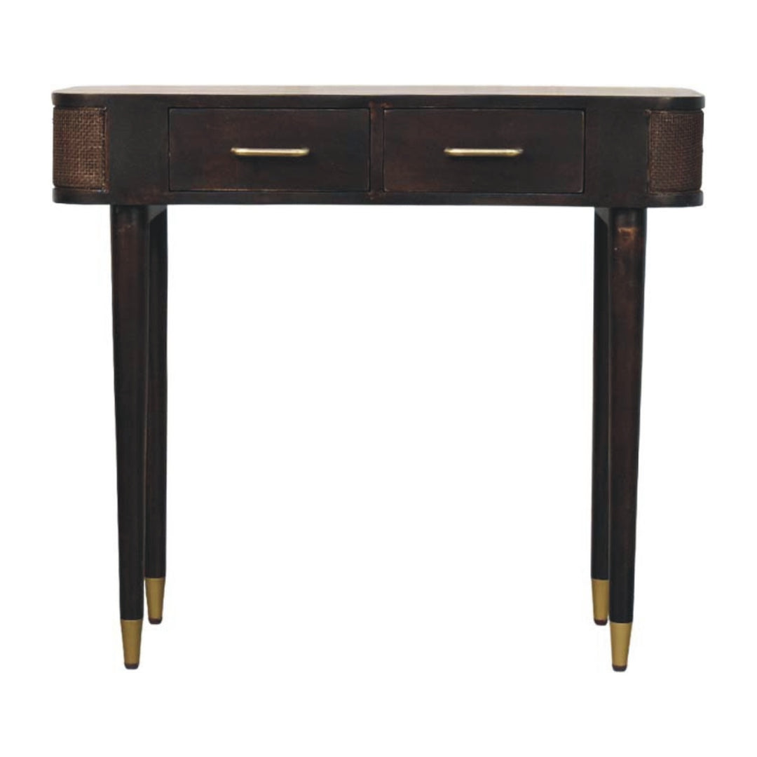 Brown Lacquered Velvet Mocha Solid Mango Wood Belmont Console with Rattan Panels & Brass Handles